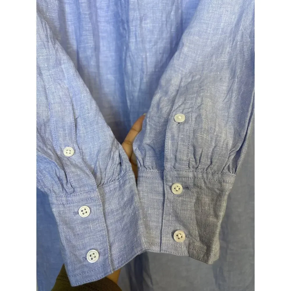 J Crew Bungalow Maxi Popover Dress XS in Linen Blue Quiet Luxury Coastal Beach